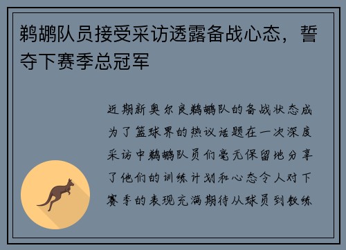 鹈鹕队员接受采访透露备战心态，誓夺下赛季总冠军