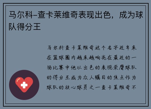 马尔科-查卡莱维奇表现出色，成为球队得分王